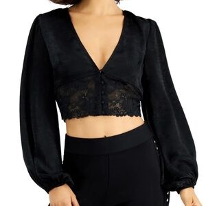 New Bar III Lace Hem Button Front V-Neck Balloon Sleeve Crop Top Black Size XS